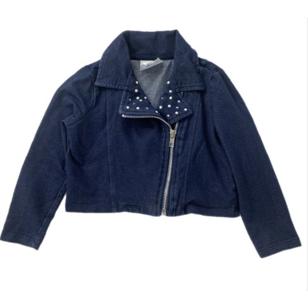 Knit Works Moto‎ Jacket Girls 3T Blue Denim Knit Rhinestone Pearl Biker Kids